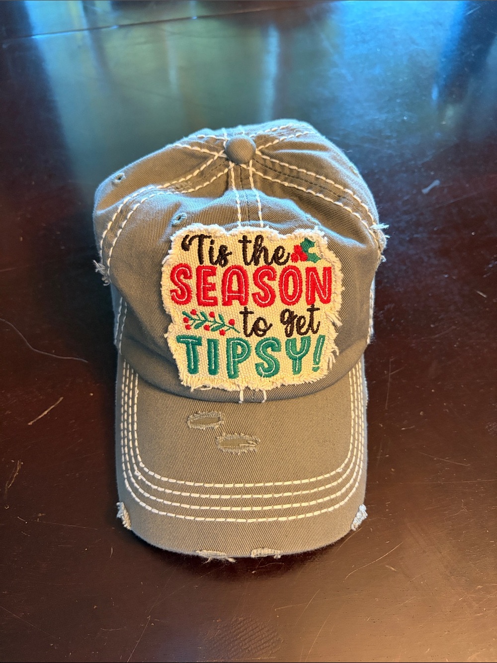 Woman’s 'Tis the Season to Get Tipsy' Distressed ball Cap - Gray